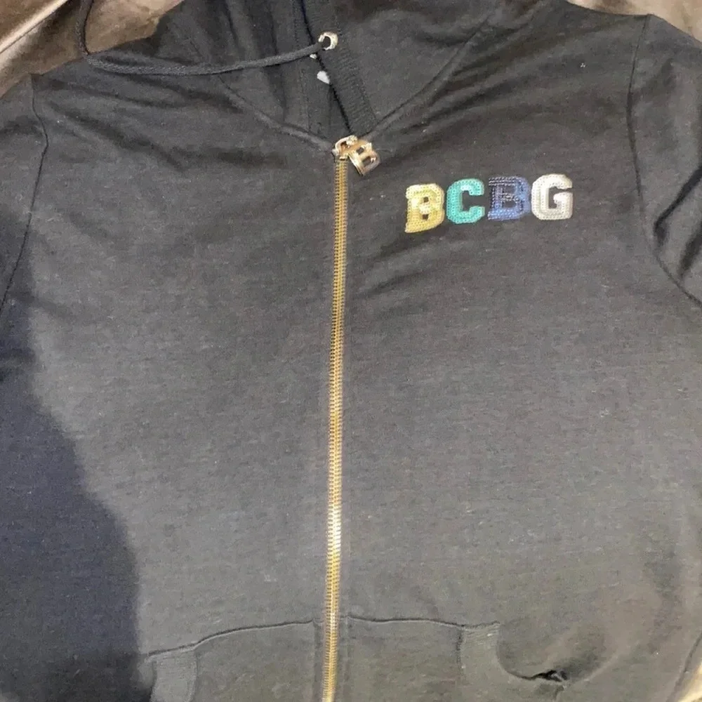 BCBG Maxazria  rhinestone logo black hoodie sweater Sz L - Picture 5 of 15